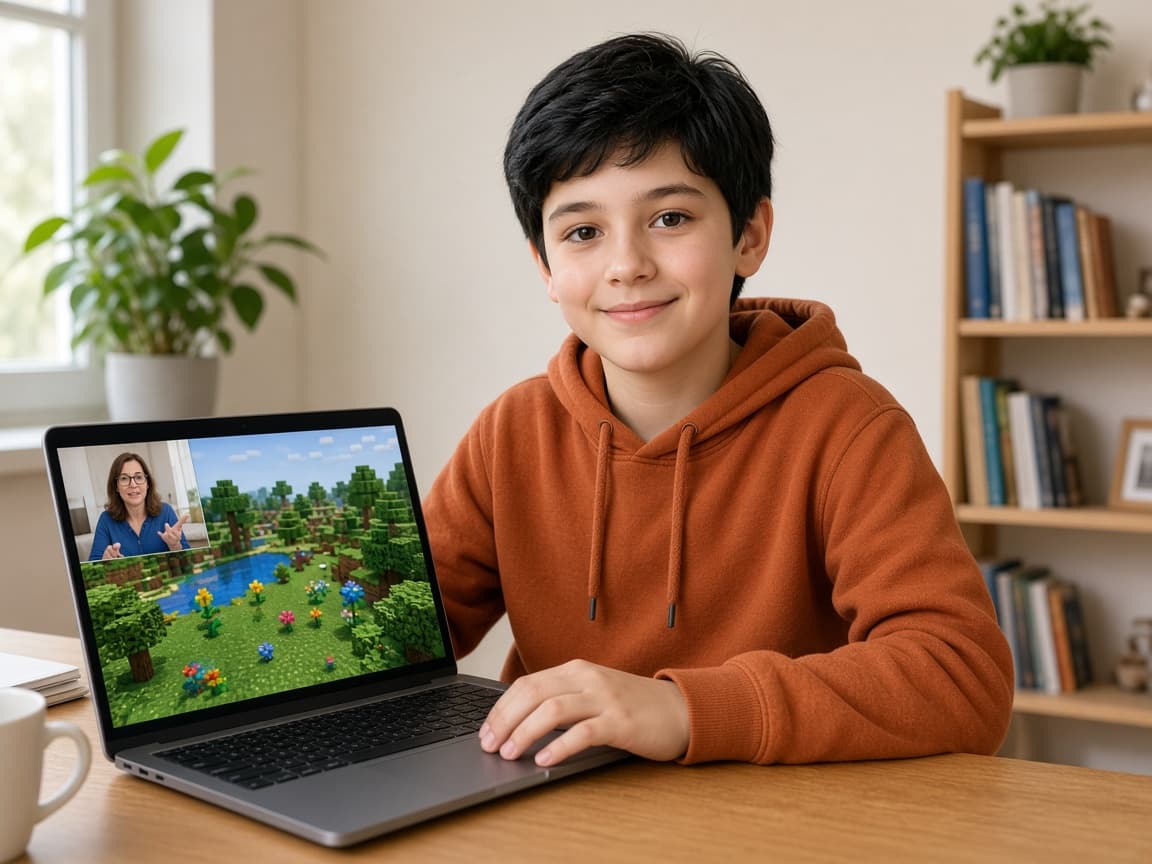 Дете в онлайн урок по Minecraft с учител на живо и блоков свят на екрана