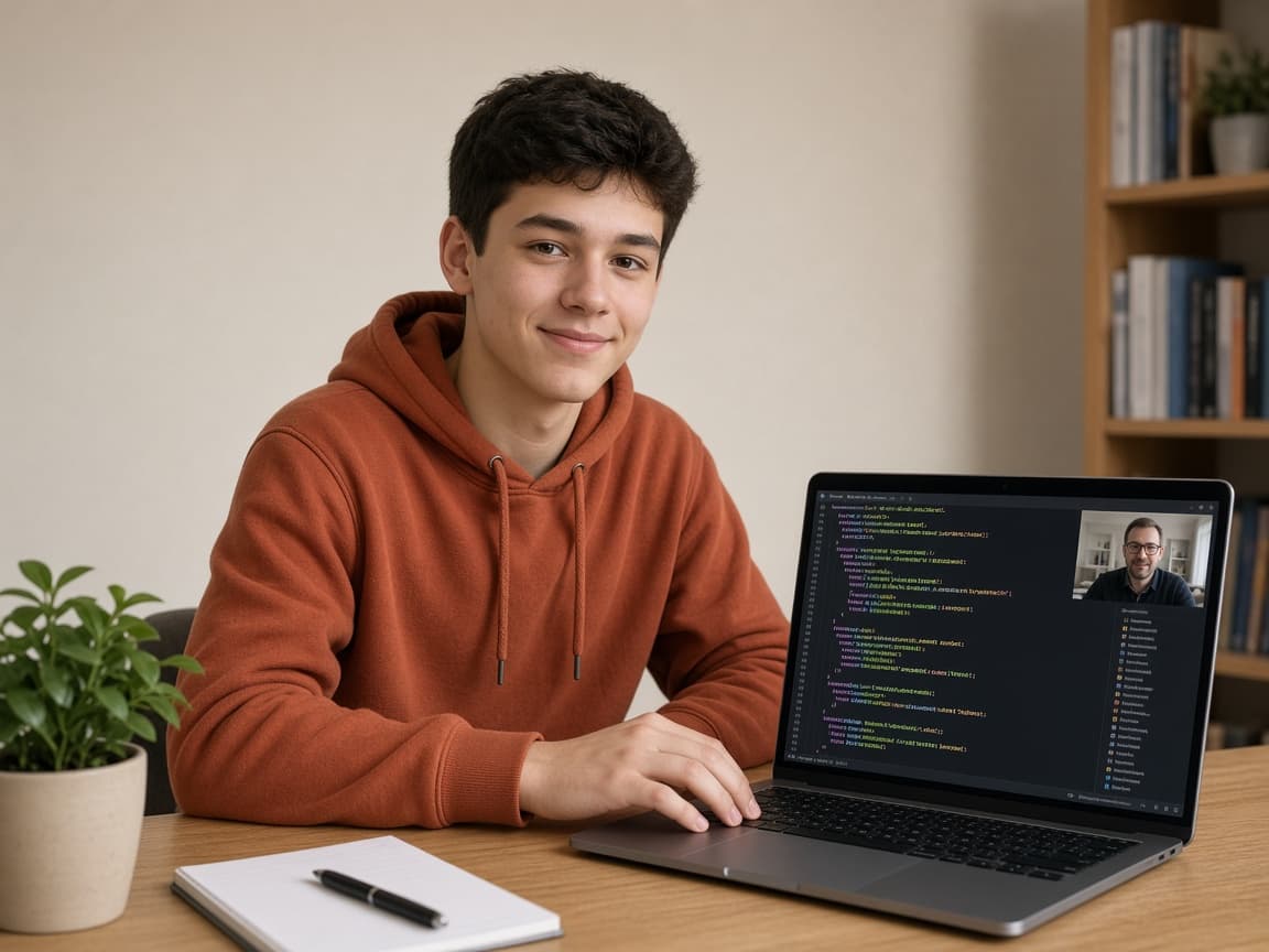 Тийнейджър в онлайн урок по Python с учител на живо и код на екрана