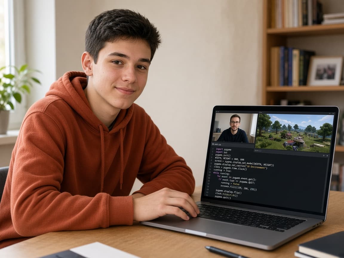 Тийнейджър в онлайн урок по Python с 3D игра и учител на живо