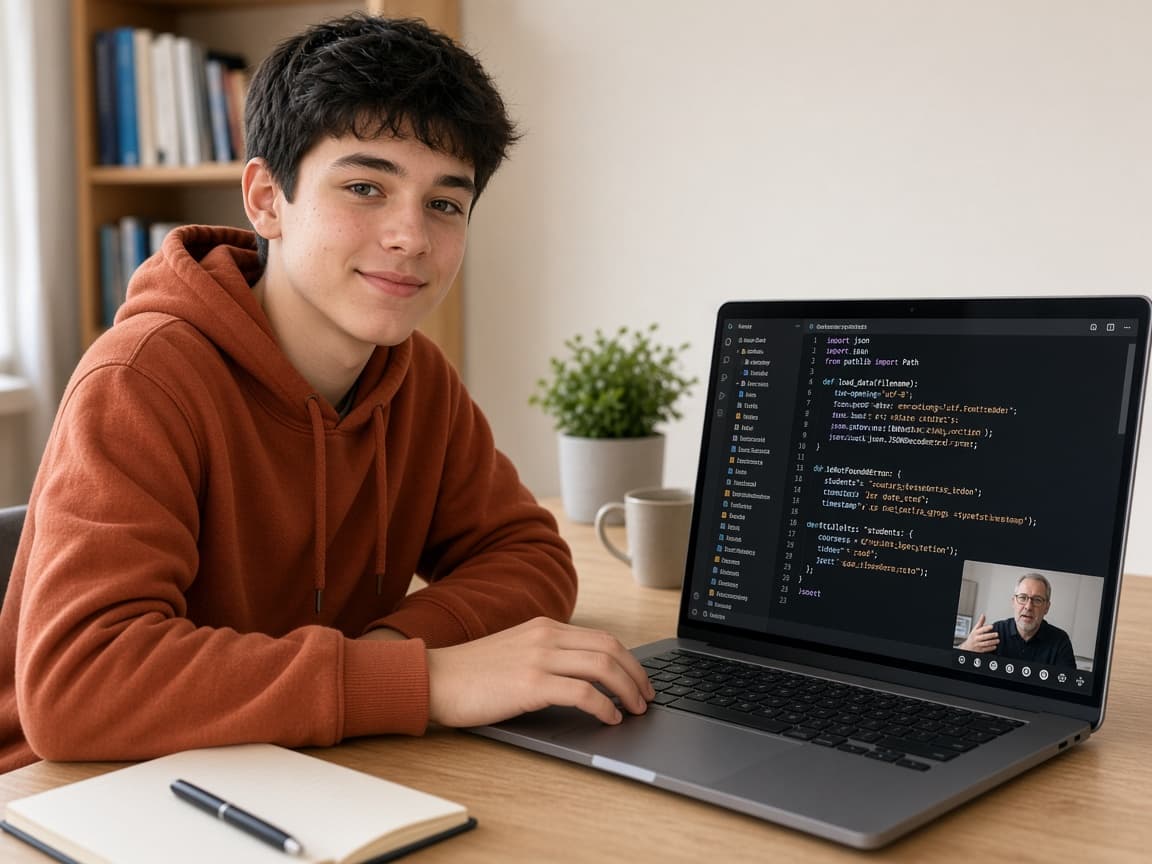 Дете в онлайн урок по Python с учител на живо и код на екрана