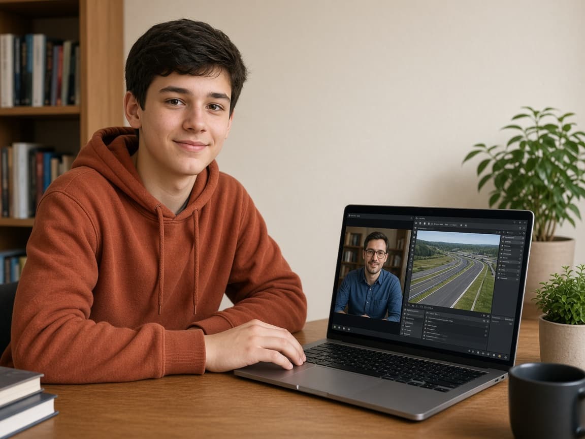 Тийнейджър в онлайн урок по Unity с учител на живо и 3D писта