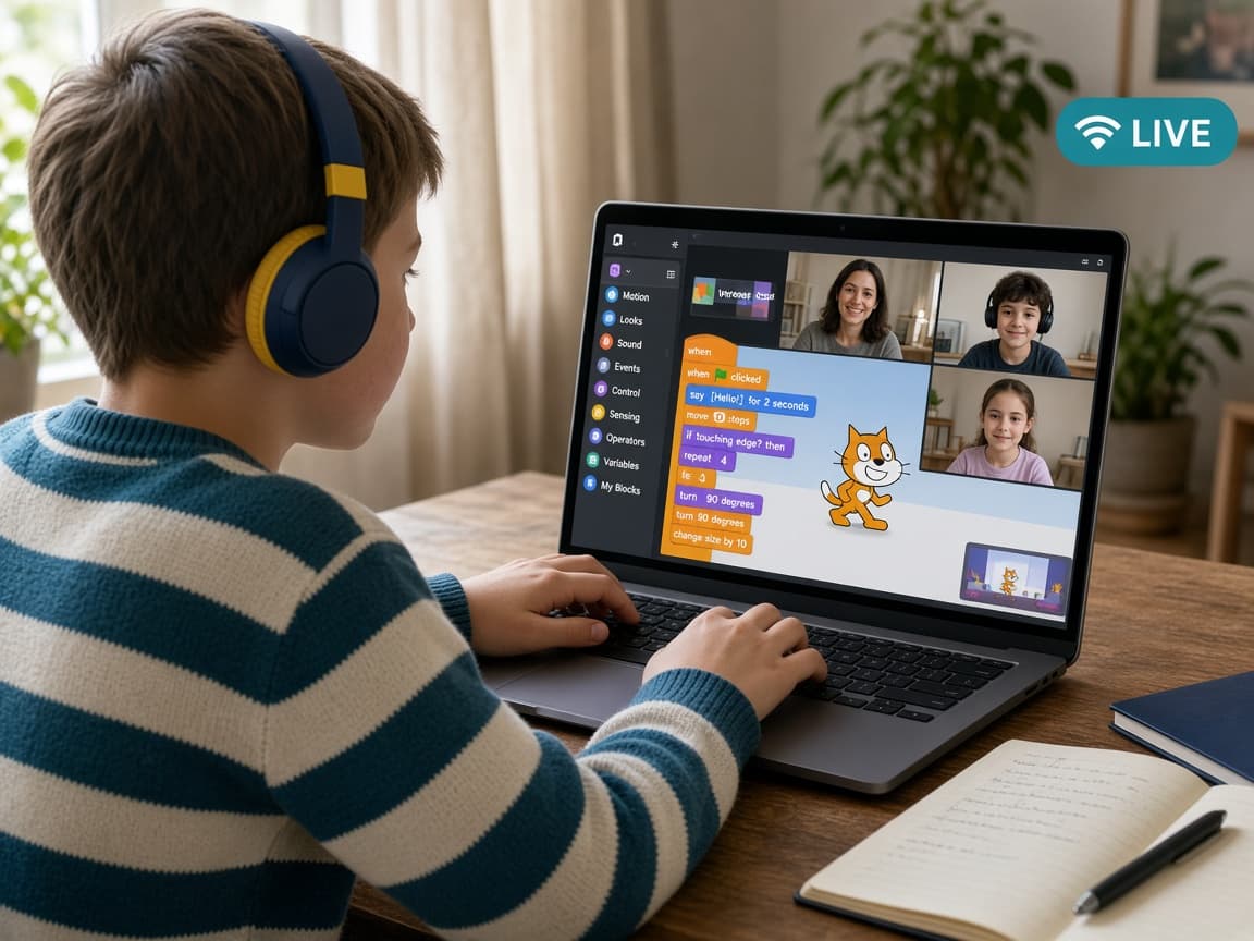 Момче със слушалки маха към учителя в онлайн урок по Scratch на живо