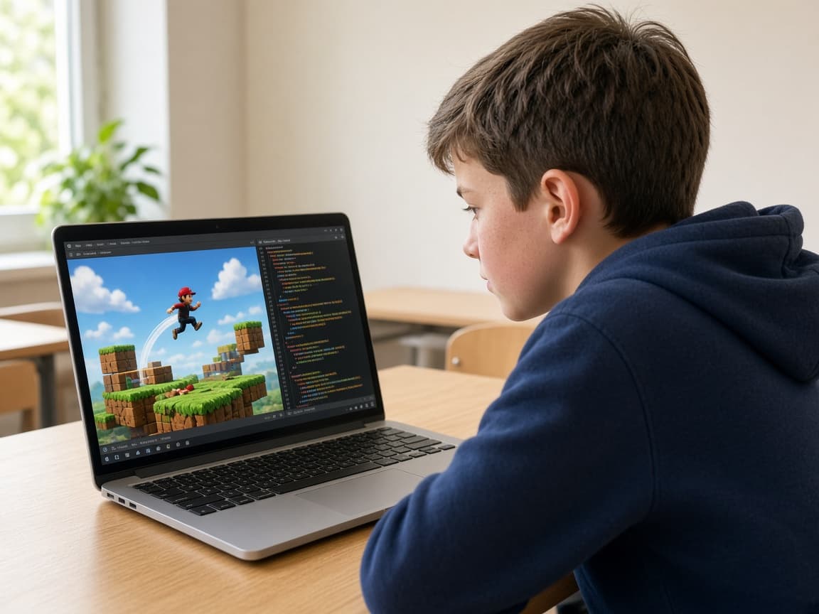 Момче прави платформена 3D игра с герой и скриптове
