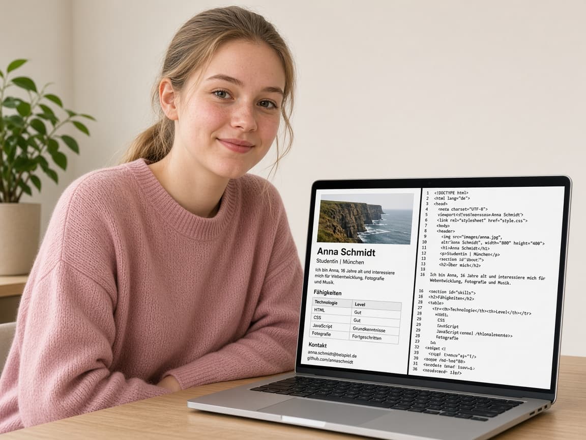 Момиче прави HTML страница — визитка с текст, снимки и таблица