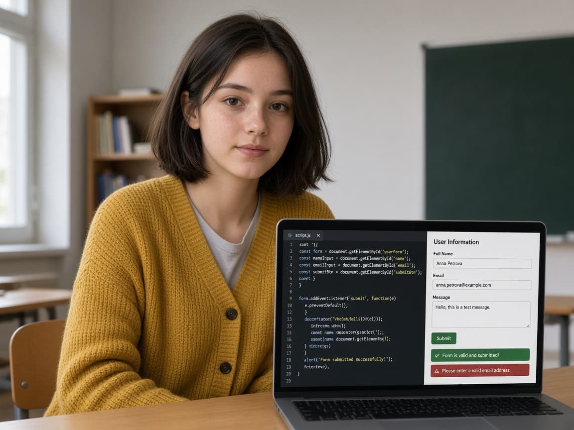 Момиче пише JavaScript: събития, DOM и валидация на формуляр