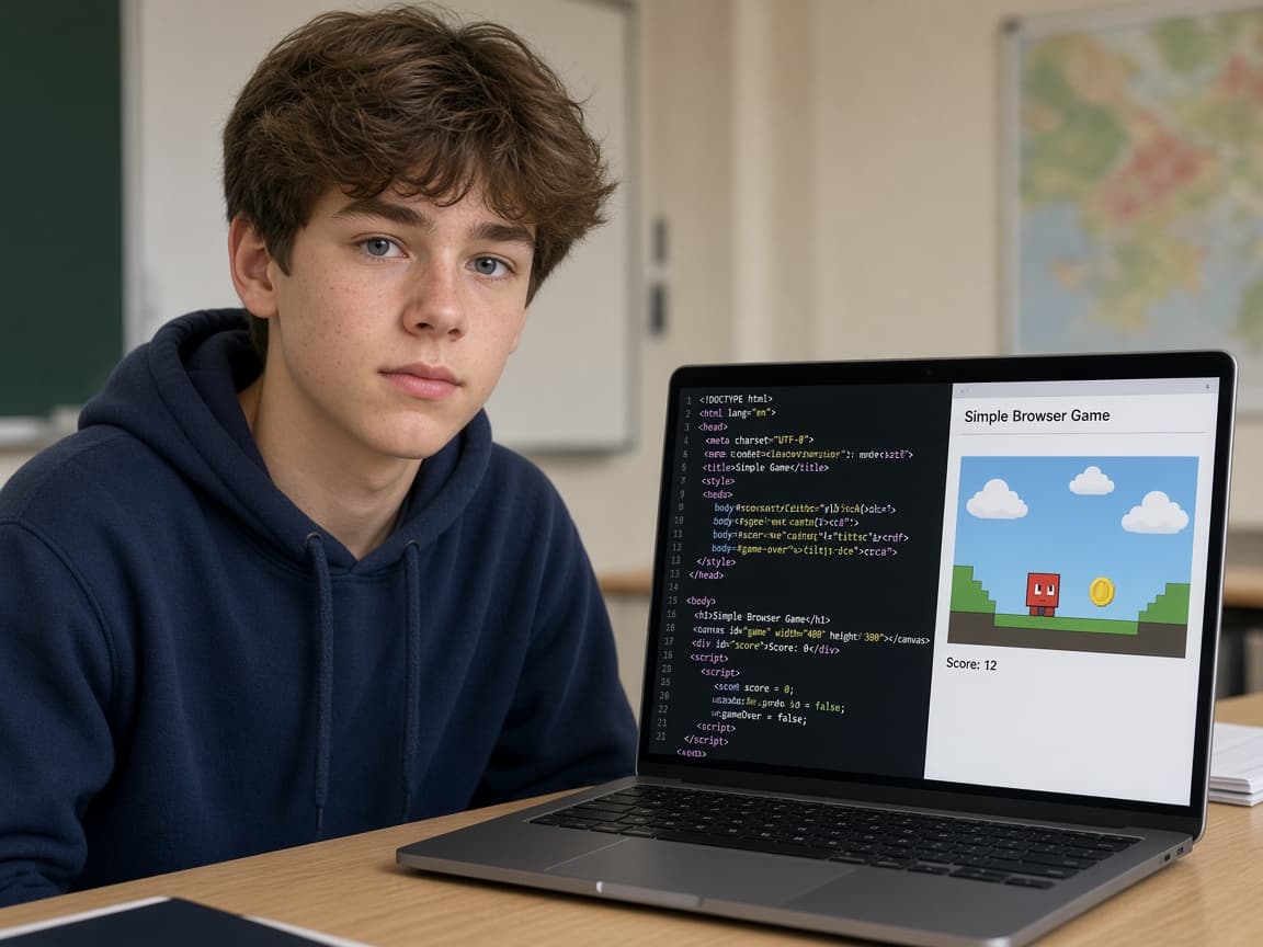 Момче персонализира игра: HTML, CSS и код, подпомогнат от AI