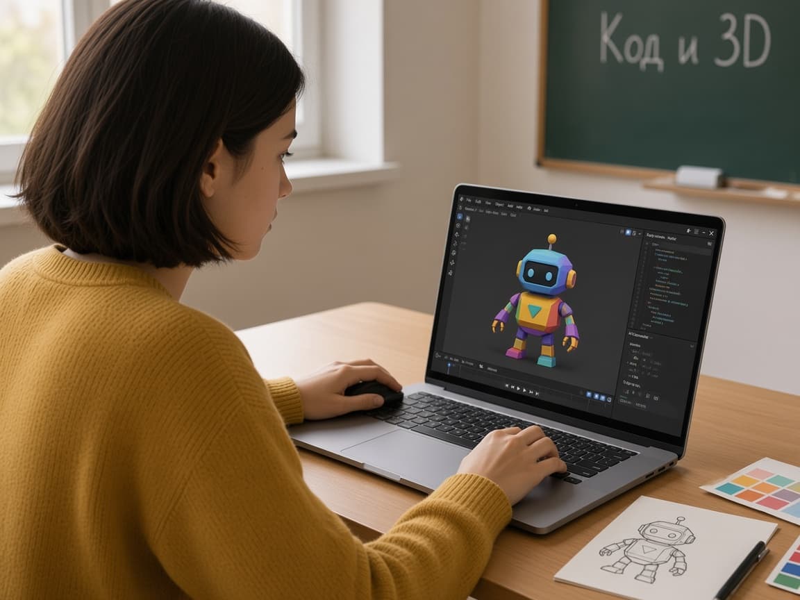 Момиче създава 3D робот пред лаптоп, обърнат към нея