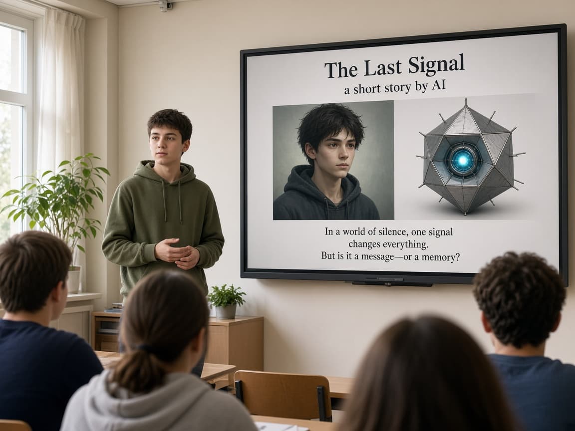 Момче представя AI проект пред съучениците си
