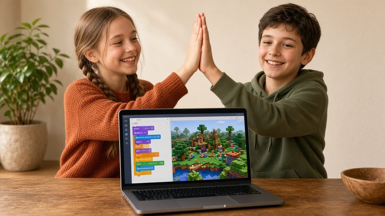 Две деца се радват след завършен проект в Minecraft Education