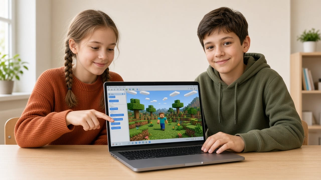 Две деца създават собствен блоков свят в Minecraft Education на лаптоп