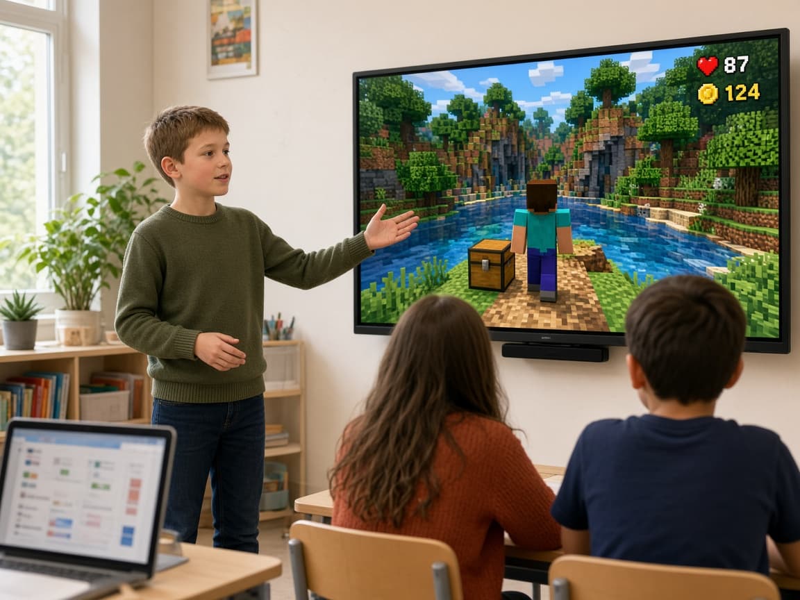 Момче представя своя Minecraft свят пред съучениците си