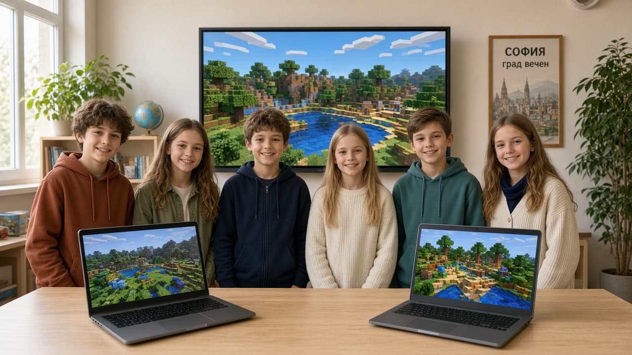 Група деца след представяне на Minecraft проекти на голям екран