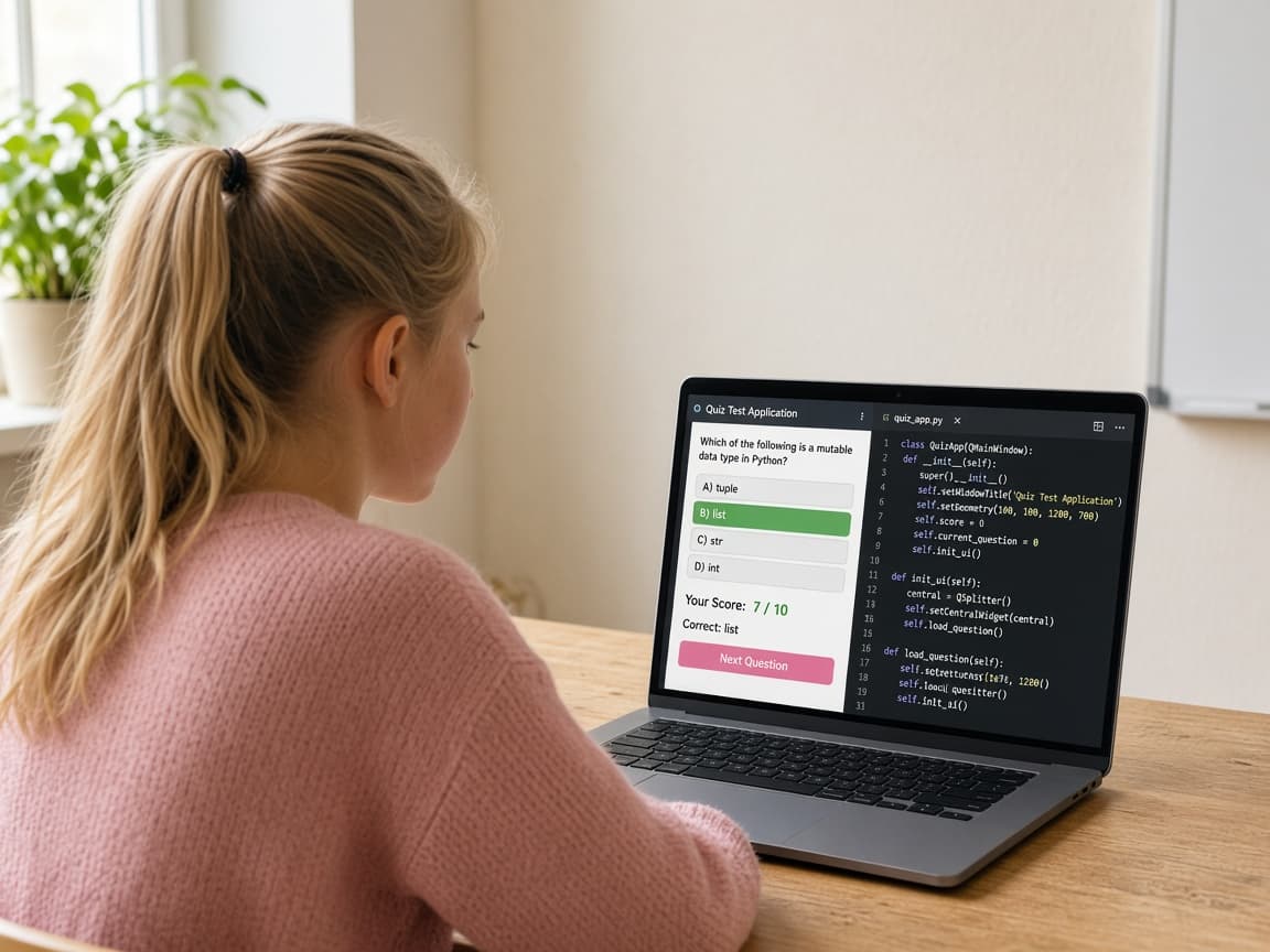 Момиче работи по настолно Python приложение с бутони и резултат