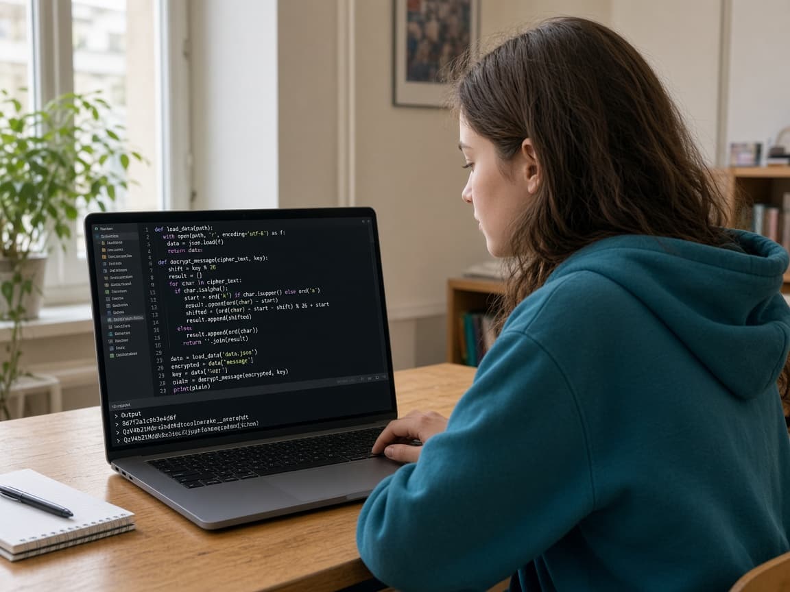 Момиче пише Python код с променливи, низове и съобщение в конзолата