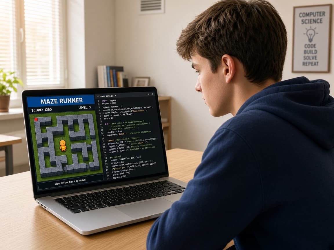 Момче играе собствена 2D игра-лабиринт, написана на Python