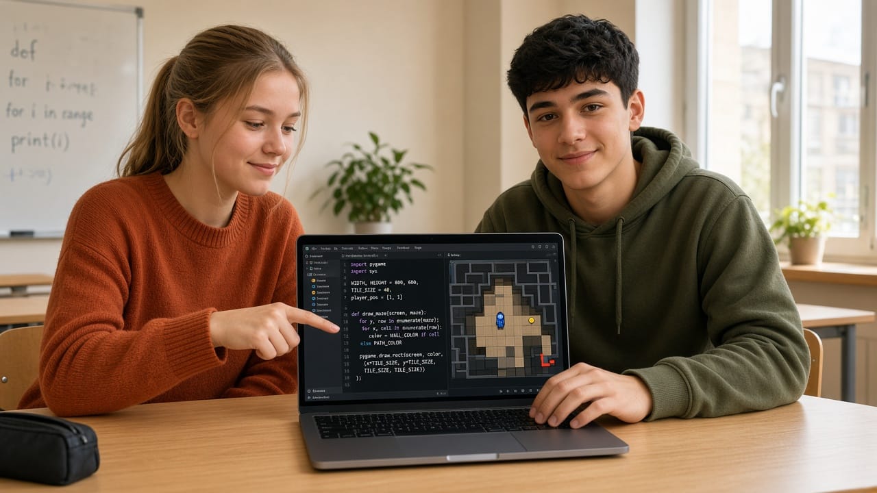 Двама тийнейджъри показват Python проект: код и 2D игра на лаптоп