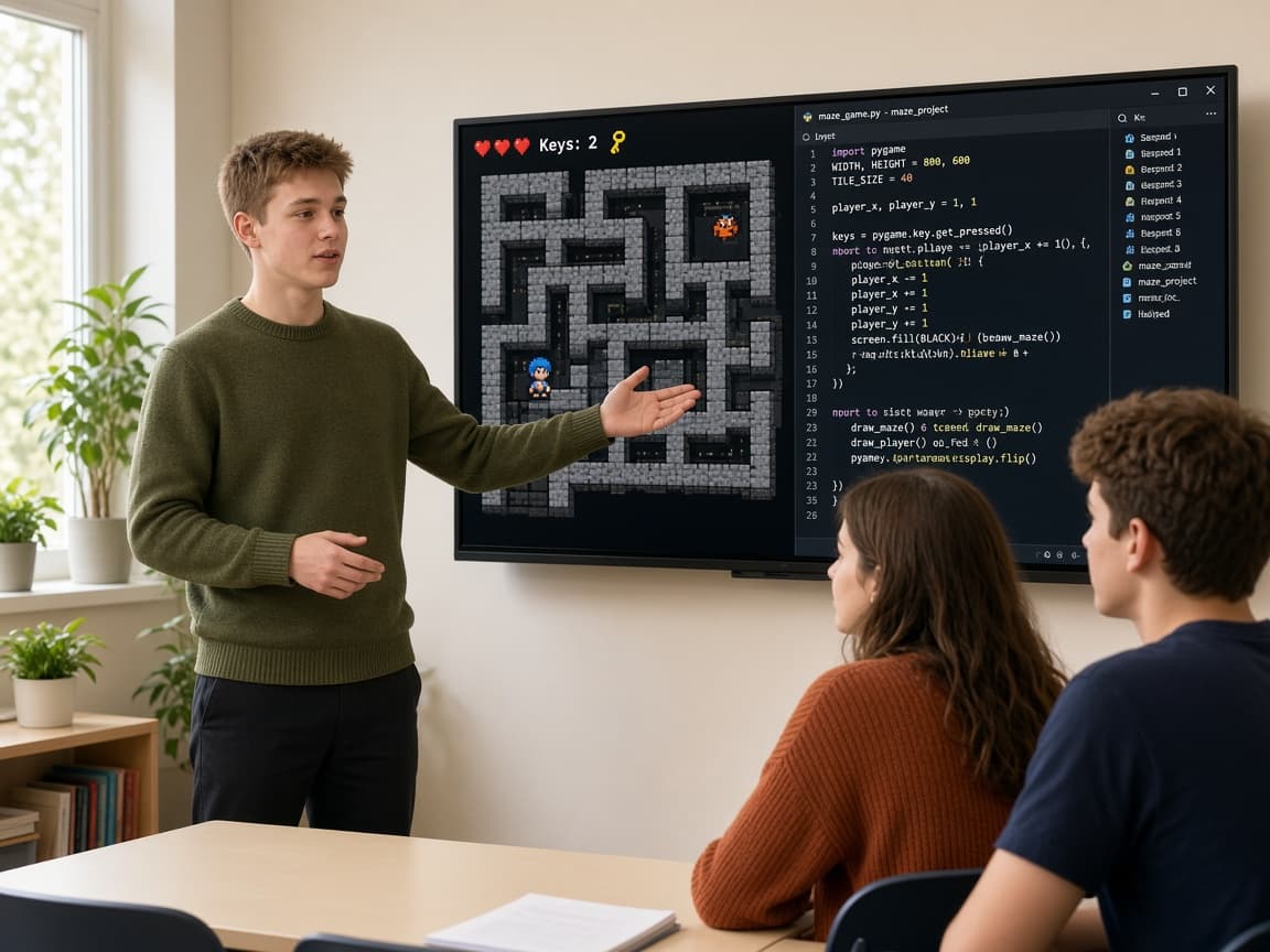 Момче защитава Python проект — 2D игра и приложение — пред съучениците си