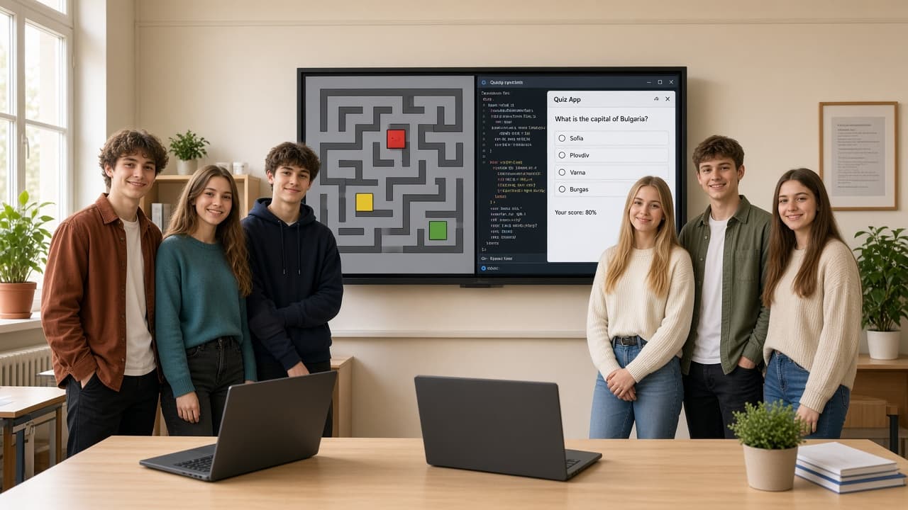 Група младежи след защита на Python проекти: игра и настолно приложение