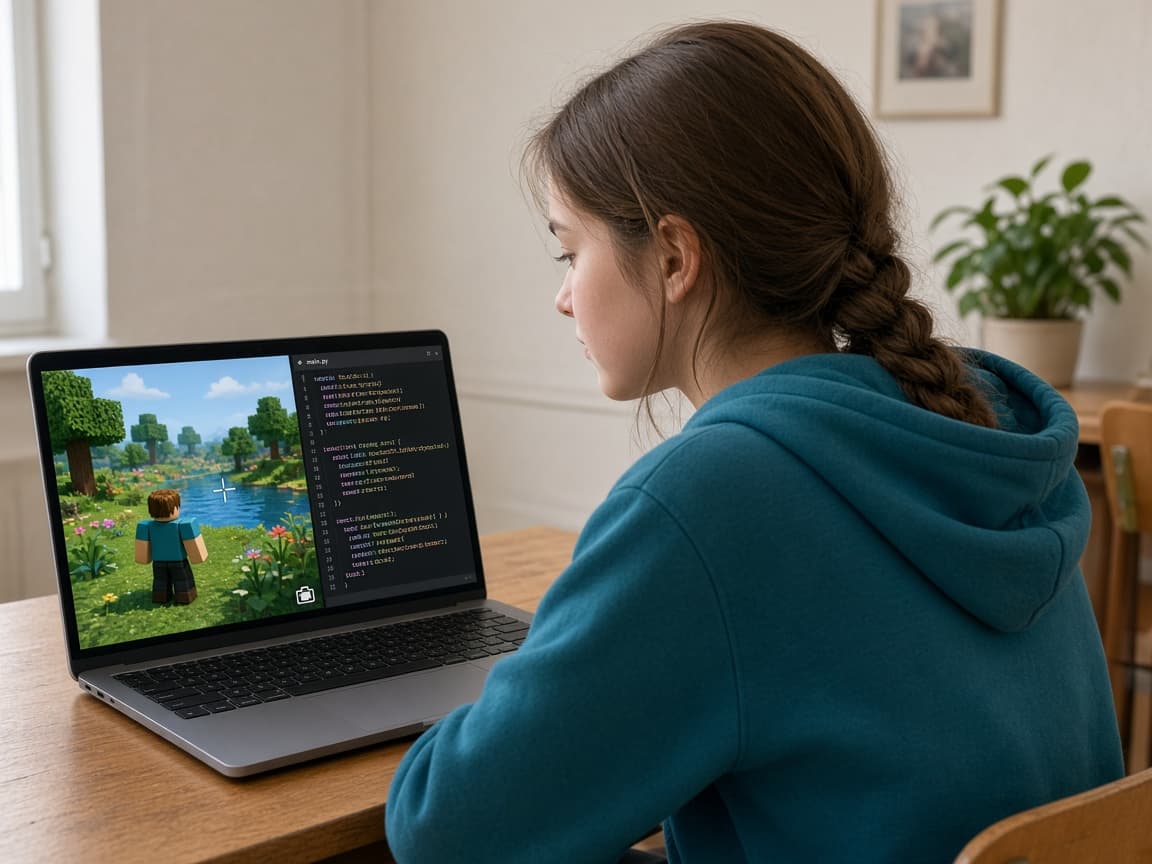 Момиче създава 3D игра с персонаж и карта на екрана