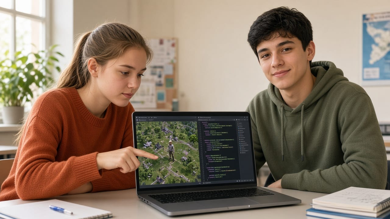 Двама тийнейджъри показват 3D игра и Python код на лаптоп