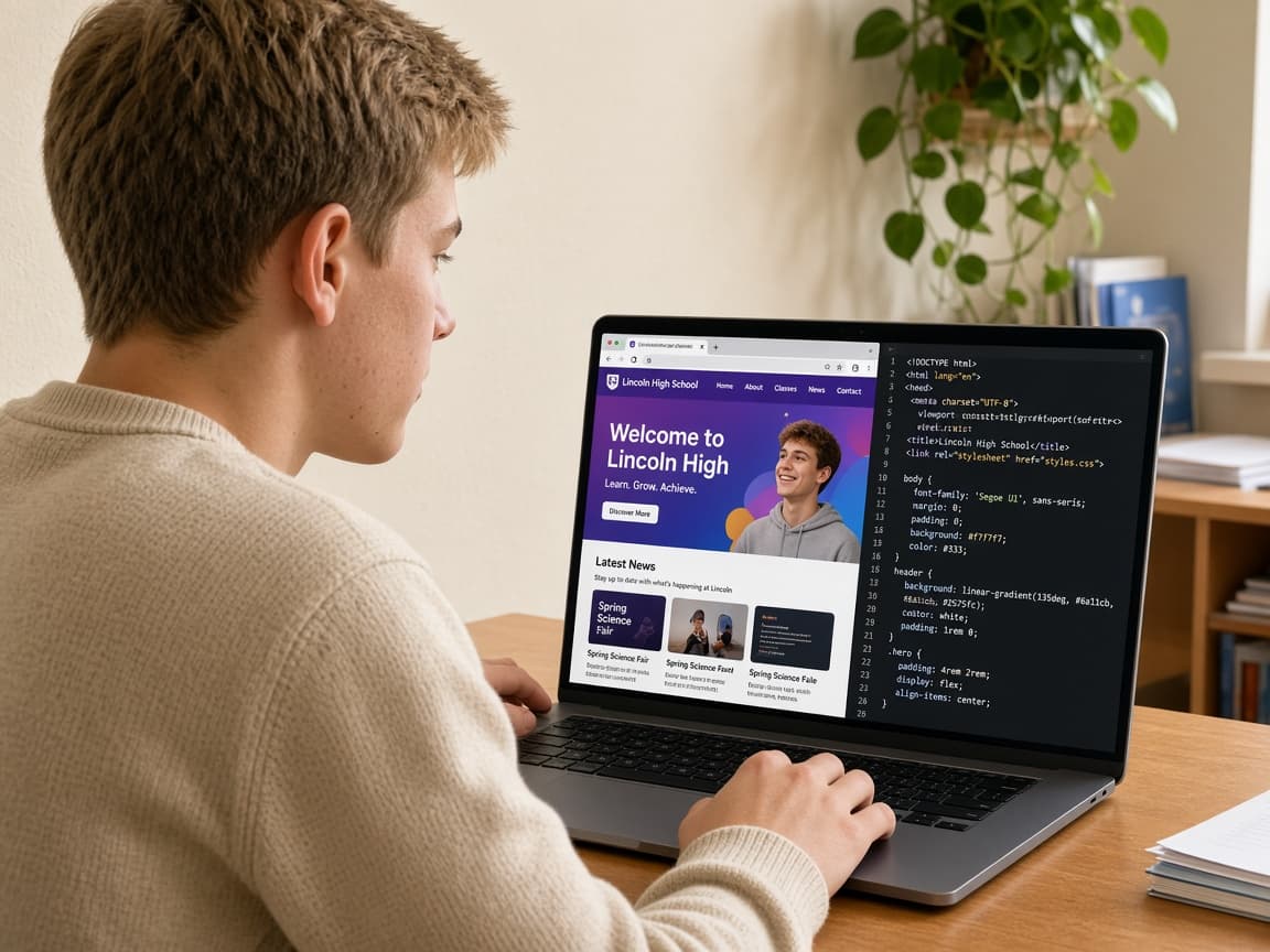 Момче изгражда уебсайт с HTML, CSS и Python