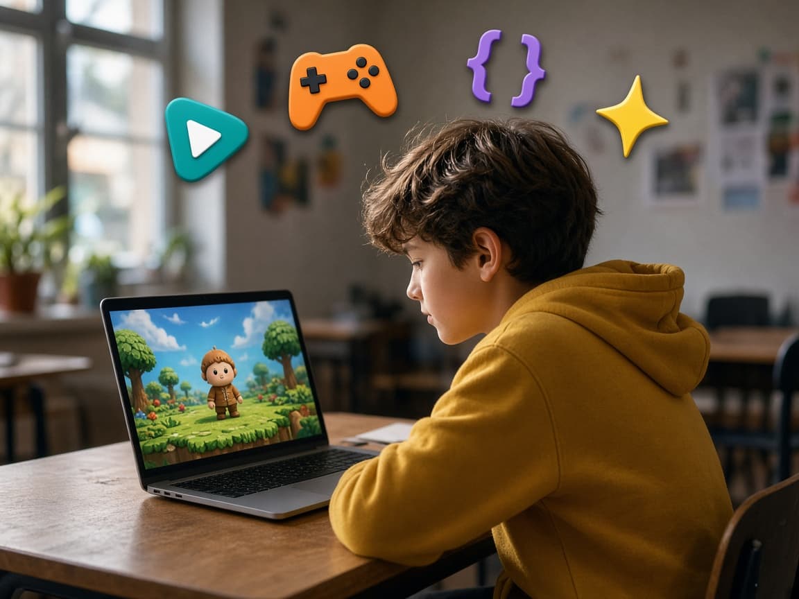 Момче пуска първата си Python игра на лаптоп — цветни икони за код и игра