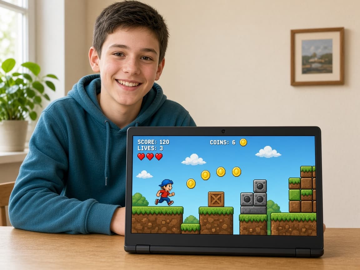 Момче се радва на собствена игра, направена с Python и PyGame