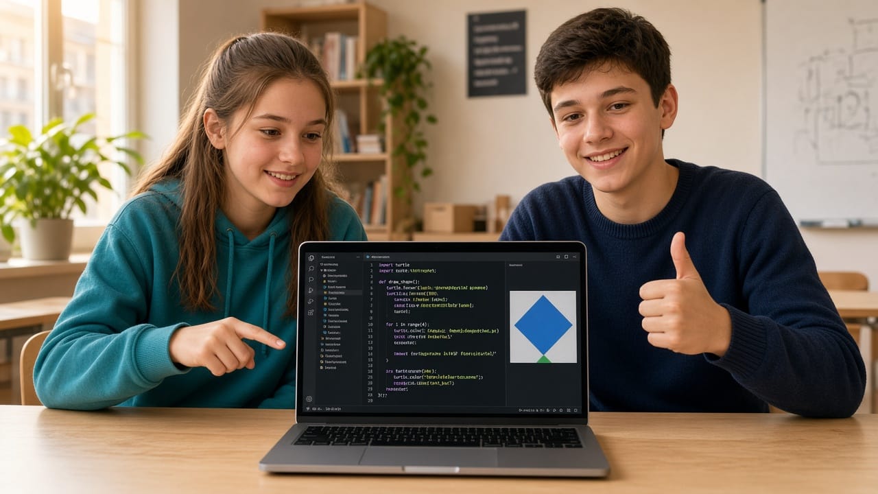 Две деца показват своя Python проект на лаптоп — код и графичен преглед