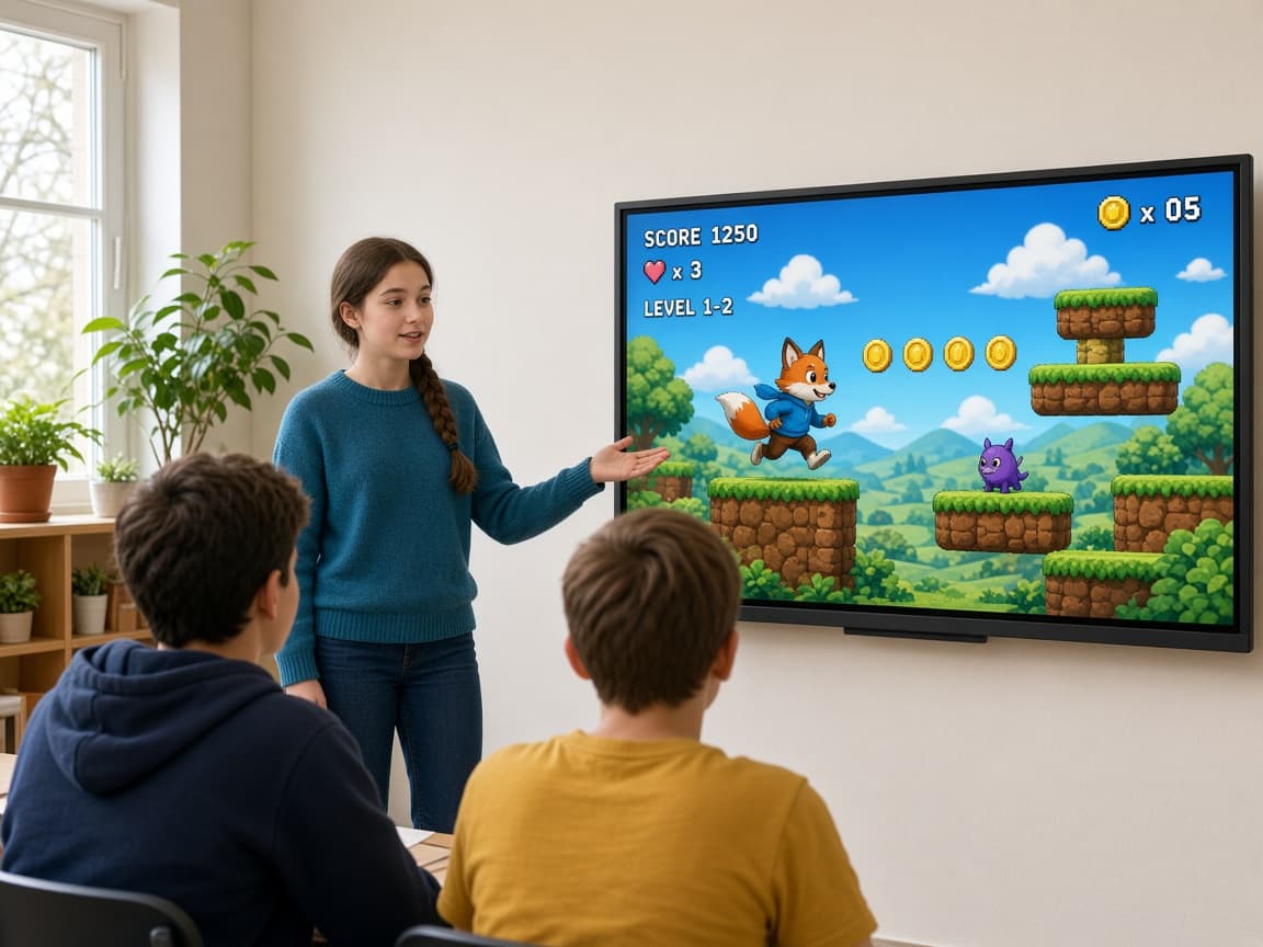 Момиче представя своя Python игра пред съучениците си