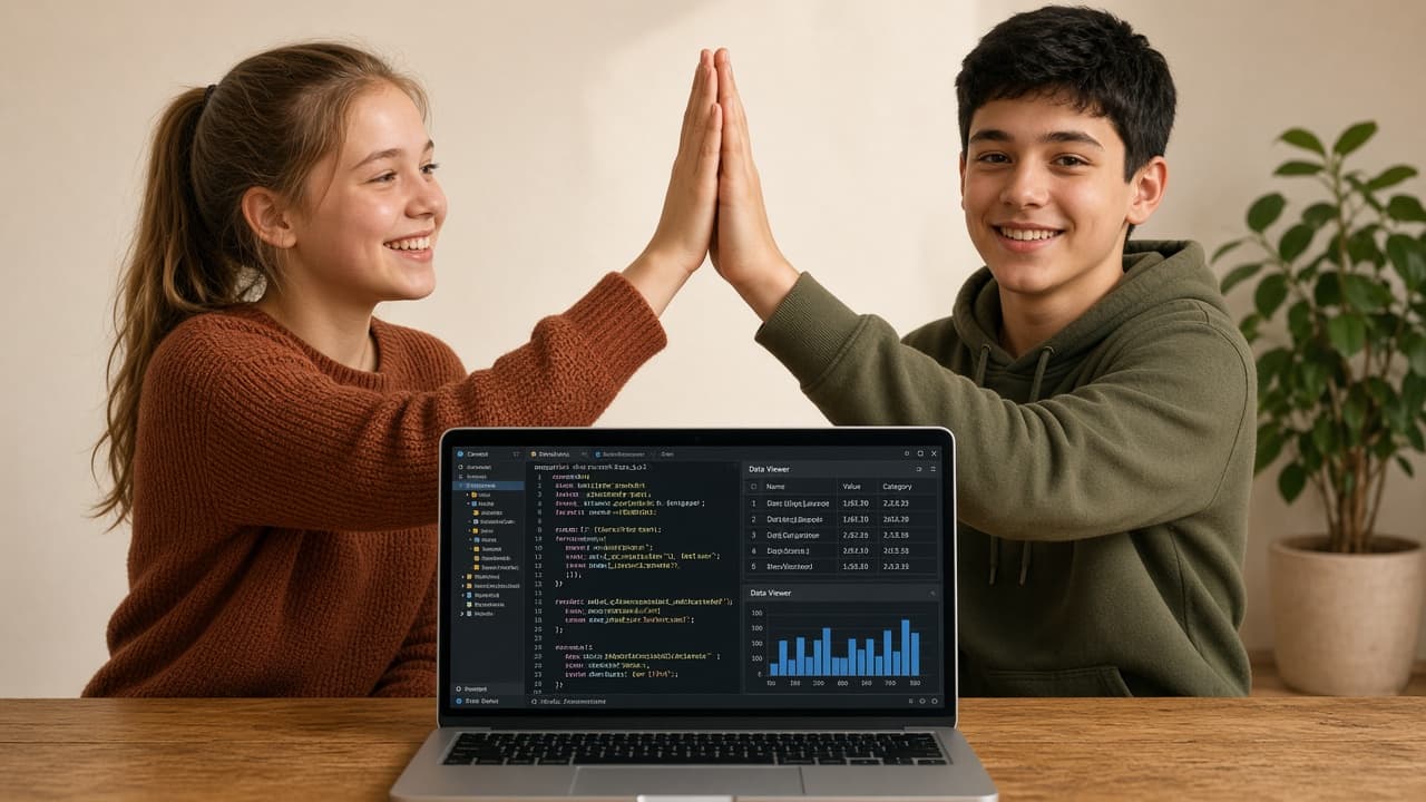 Две деца се радват след завършен екипен Python проект