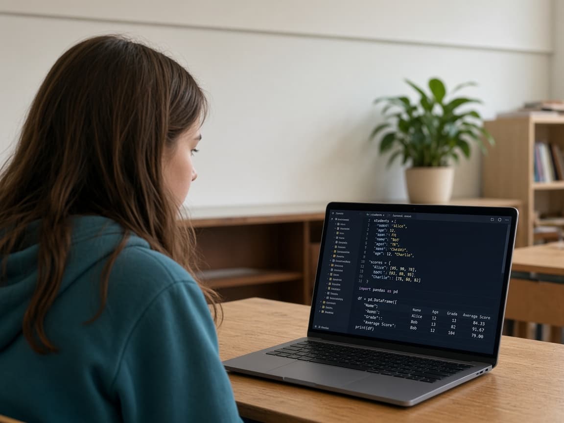 Момиче пише Python код със списъци, речници и таблица с данни