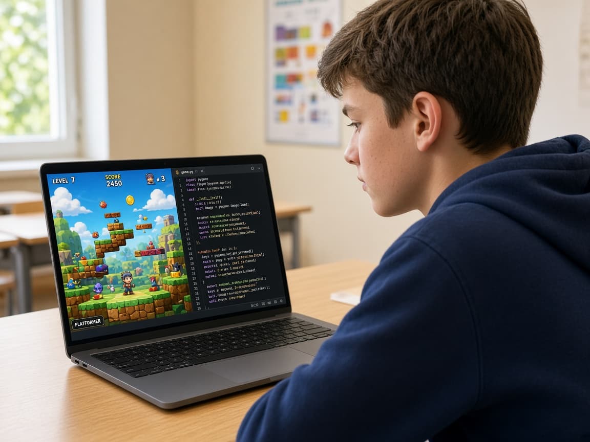 Момче играе собствена напреднала игра, създадена с Python и PyGame