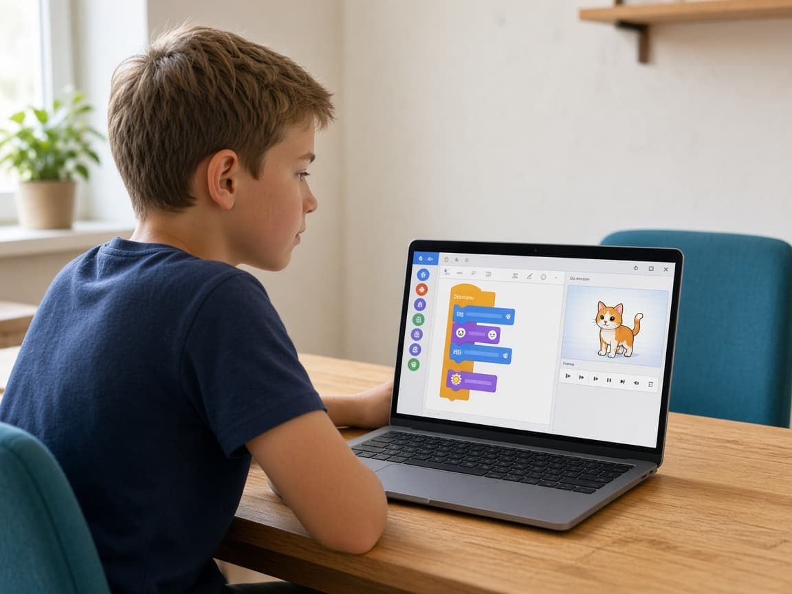 Момче подрежда цветни блокове в Scratch и гледа как героят оживява