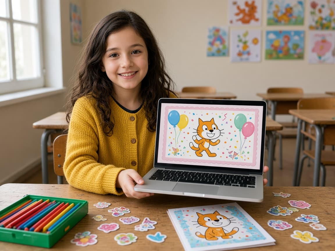 Момиче показва анимирана картичка с коте в Scratch до хартиена картичка и моливи