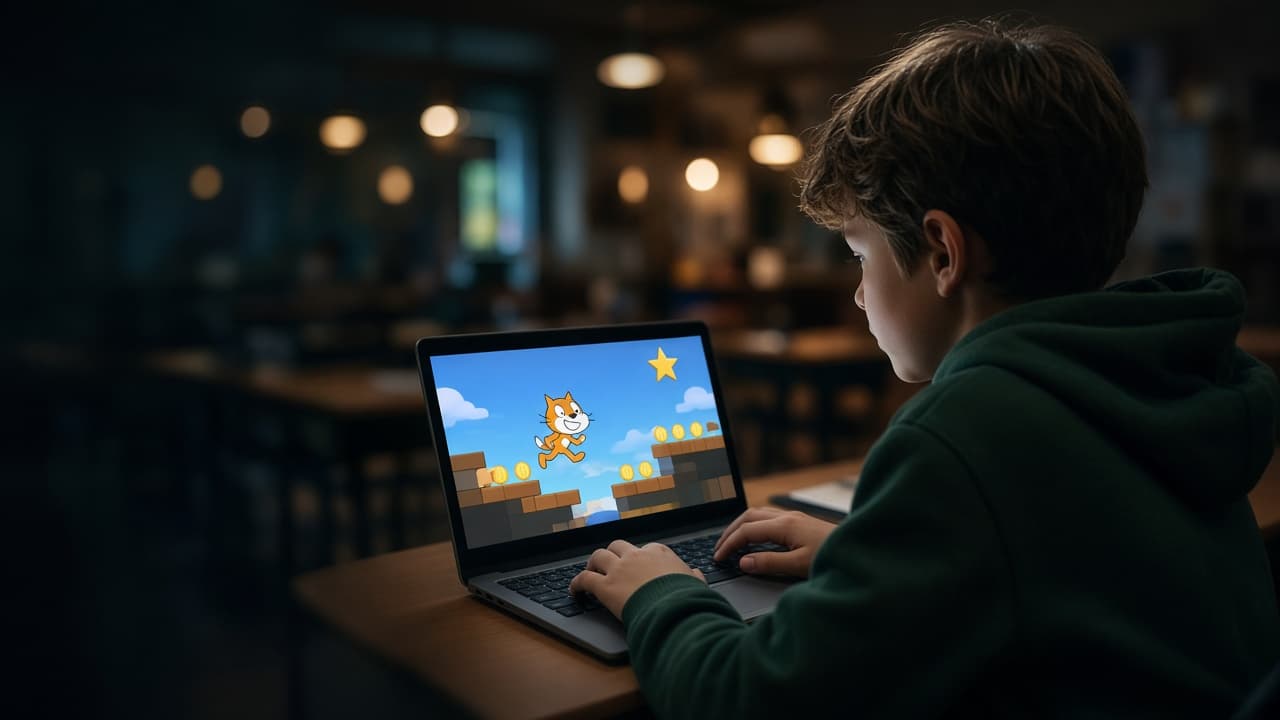 Момче се радва на първата си игра, създадена в Scratch