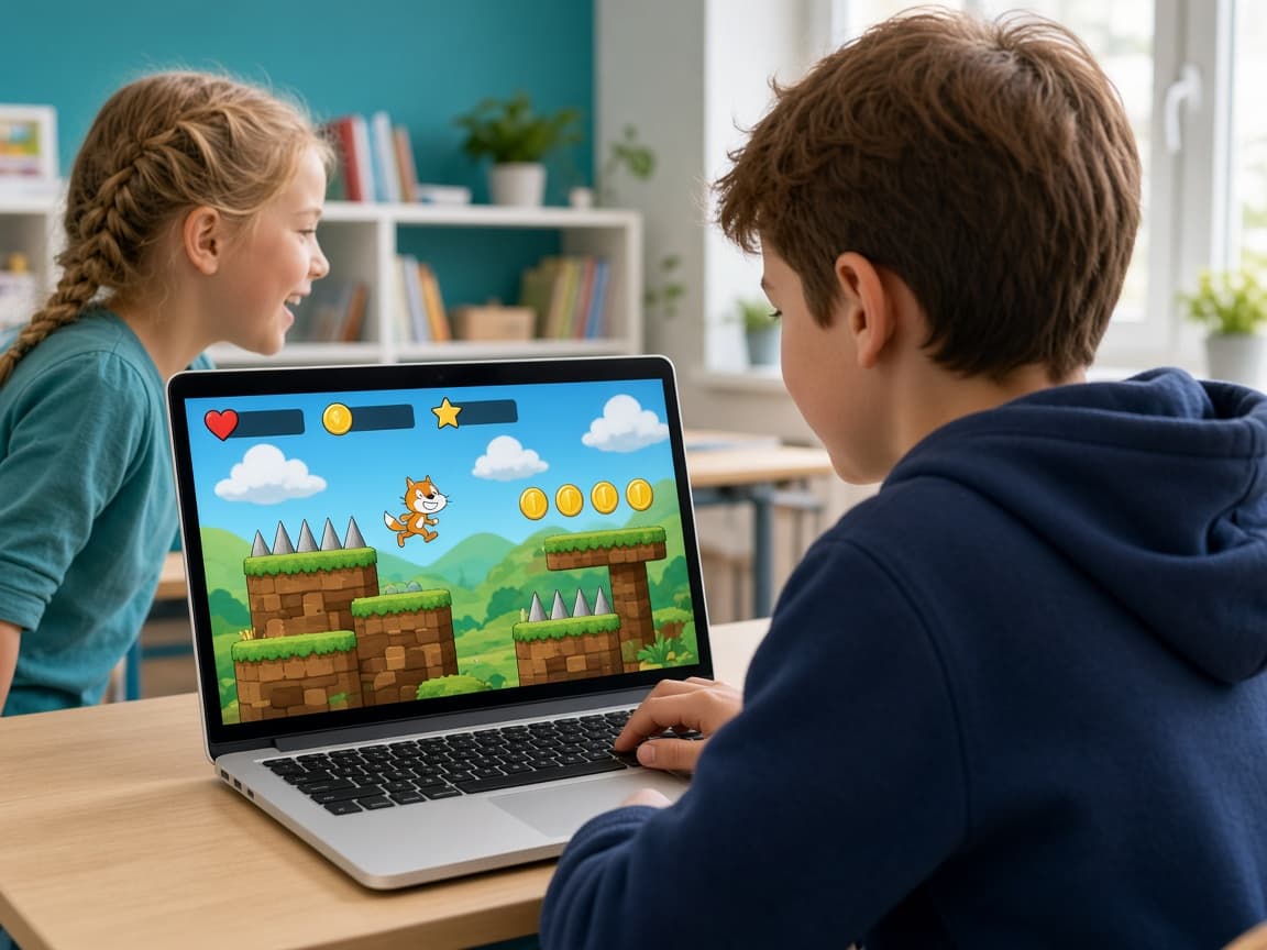 Момче играе своя Scratch игра с нива и препятствия, съученичка гледа отстрани