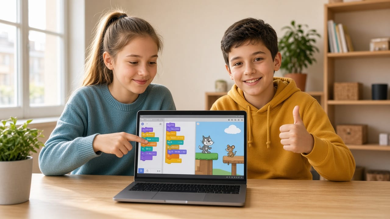 Две деца показват своя Scratch проект — цветни блокове и игра на лаптоп