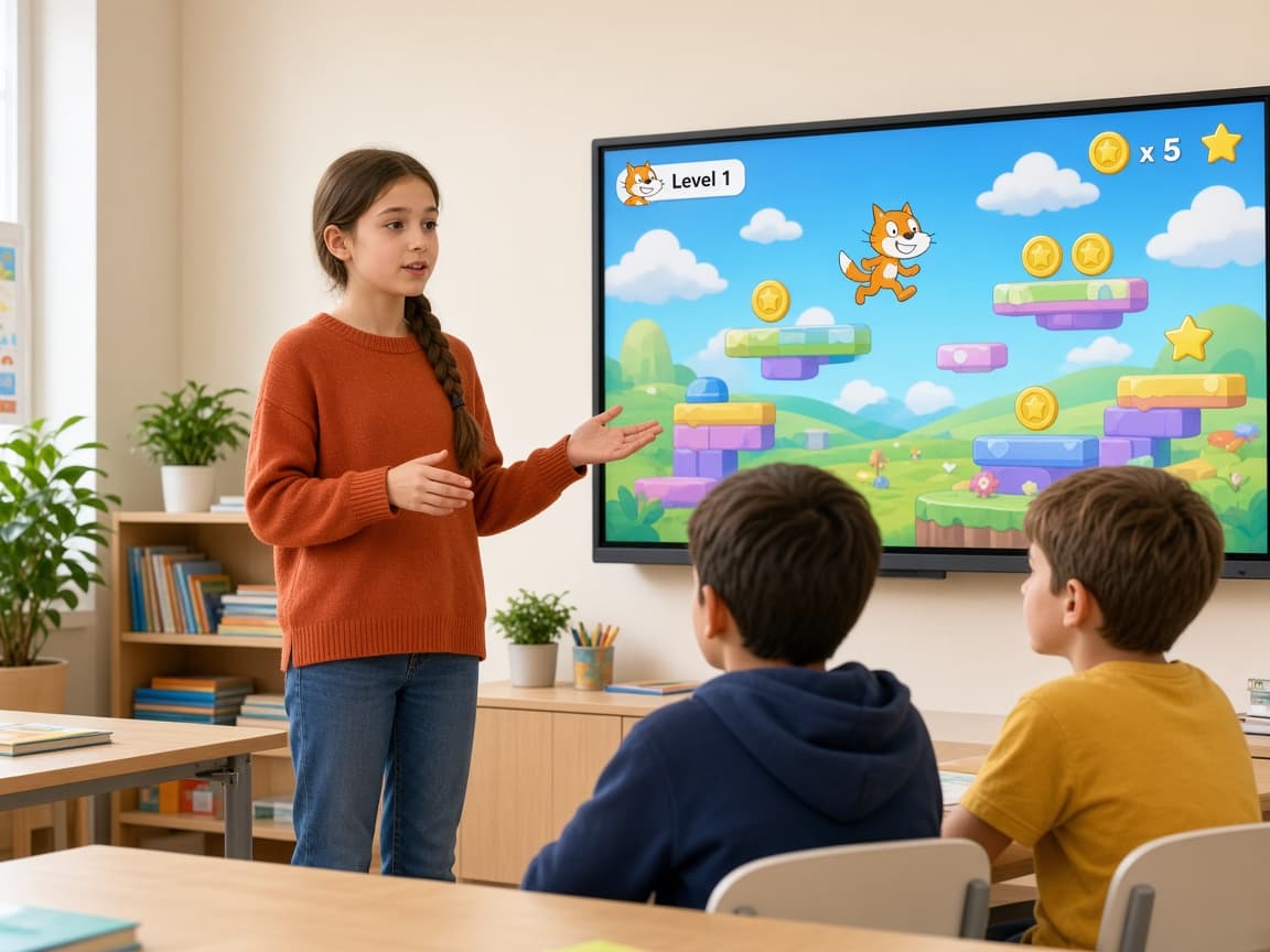 Момиче представя своя Scratch игра пред съучениците си