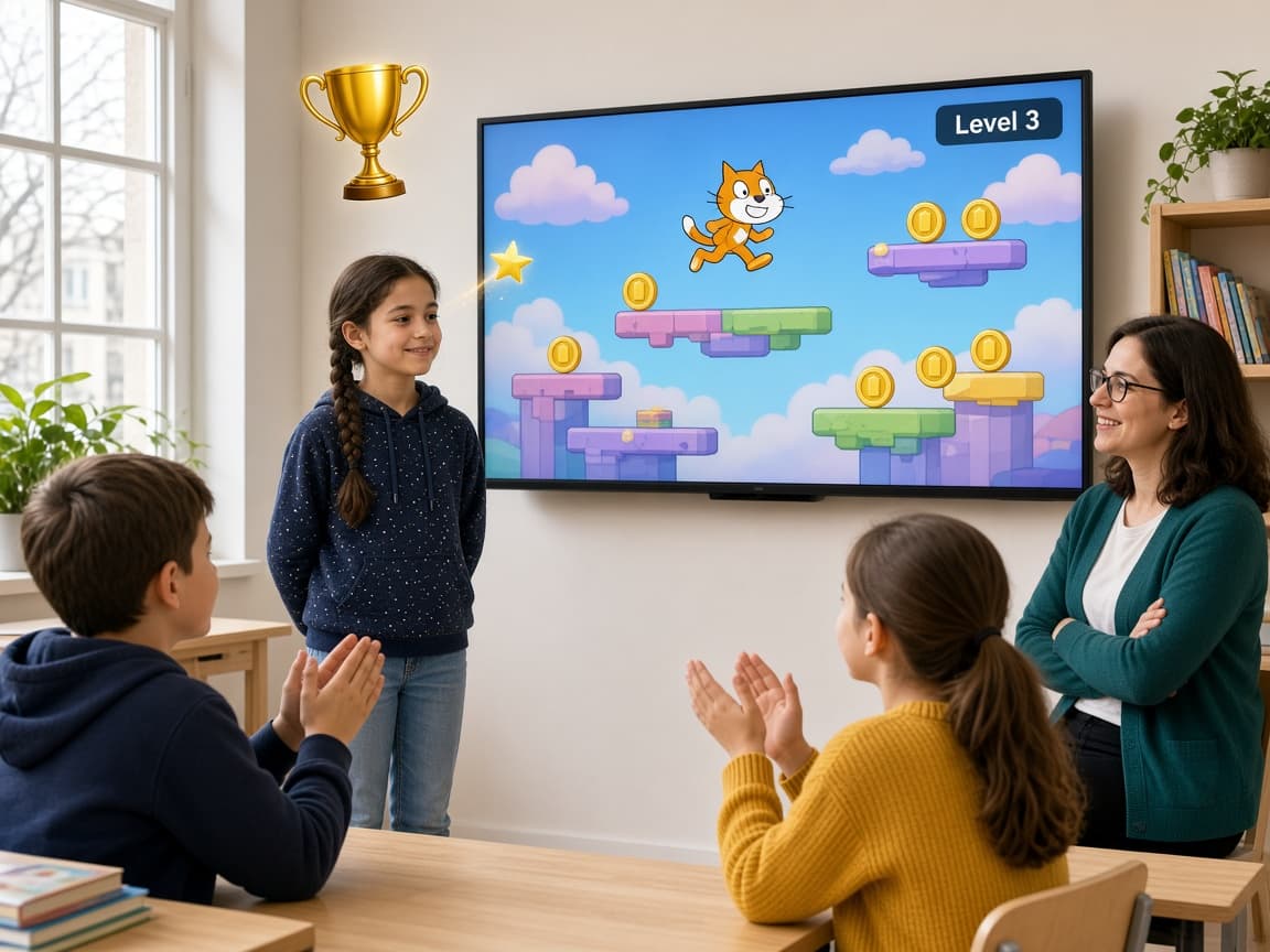 Момиче представя своя Scratch игра на голям екран пред съученици и учител